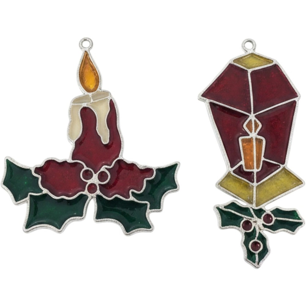 Vintage Faux Stained Glass Christmas Suncatchers Candle & Lantern Ornaments Set